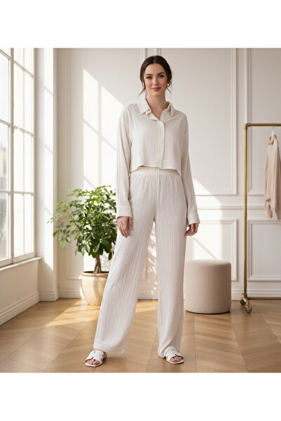 MQ طقم نسائي قميص قصير وبنطلون خصر عالي