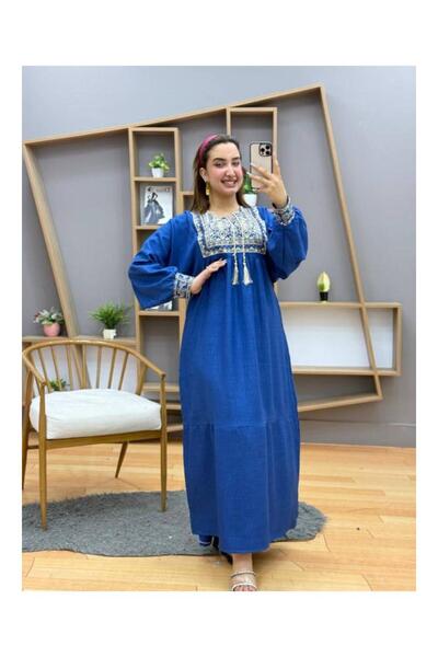 Genrics جلابية كتان مطرزة من الصدر والاكمام بتصميم عصري مقاس فري سايز من 55 ا...