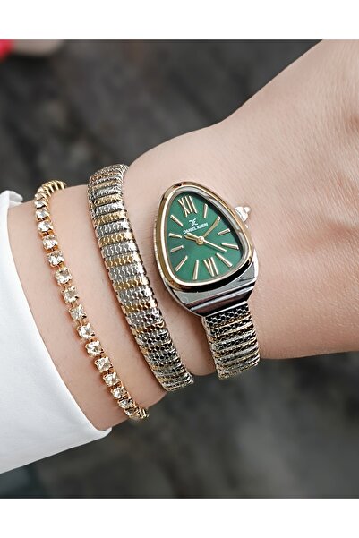 Daniel Klein YENİ YILAN MODELİ DK - Sarı Bicolor Çelik Bilezik Yeşil Kadran Kadın Kol Saati+hediye Bileklik