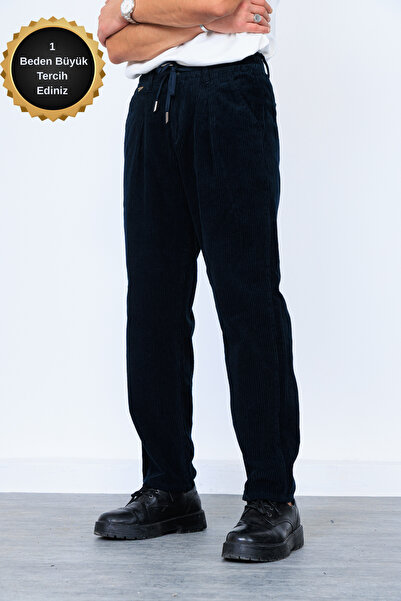 Megalomans Navy Blue Thick Corded Fabric Velvet Trousers with Elastic Waist