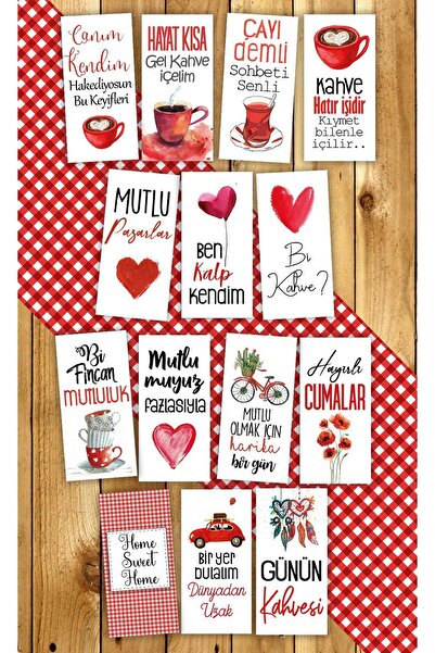 Pankart Evi Kahve Motto 14 Adet Sunum Kartları Kırmızı