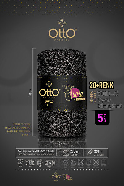 Otto خيط مكرامية فاخر - أسود - لامع فضي - عبوة من 5 قطع - 3 مم/200 جرام/260 م...