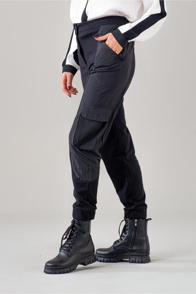 Bold & Young Women's Cargo Pocket Black Polyamide Blended Cotton Lycra Trousers with Elastic Waist and Elastic Legs