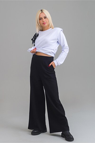 Bold & Young Pantaloni de damă de culoare neagră, viscoză, poliester, lycra, buzunar, cu picior lat, cu talie elastică