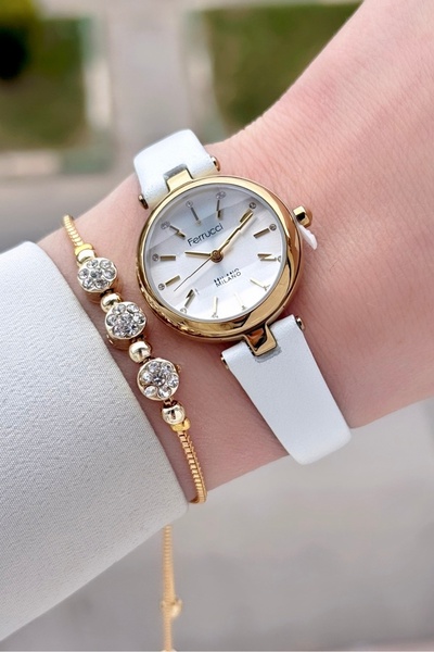 Ferrucci Case Gold Cord White Color 25 mm Women's Wristwatch and Gift Bracelet