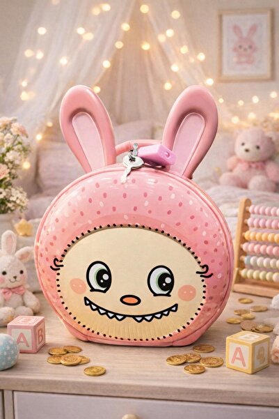 Sarece Home Kilitli Metal Kumbara (Sevimli Pembe Tavşan Kulaklı)