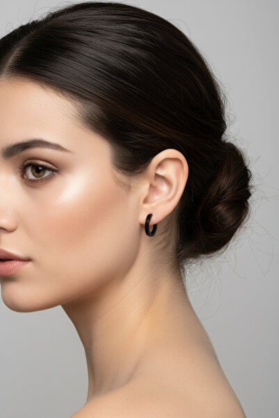 Fasion Jewelry Çelik Köşeli Halka Küpe Küçük Siyah