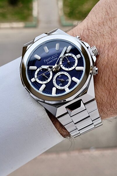 Ferrucci Dial Navy Blue Band Silver Color 43 mm Inner Indicators Active Men Wrist Watch