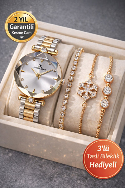 Daniel Klein Marka Sarı Gümüş Renk Kesme Cam 2 Yıl Garantili Kadın Kol Saati Bileklik Hediyeli