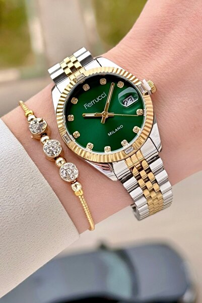 Ferrucci Green Dial Gold Silver Color Band 32 mm Women's Wristwatch and Gift Bracelet