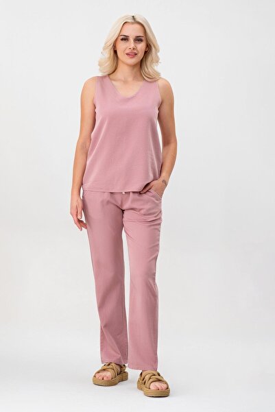 Bold & Young بنطلون نسائي بجيبين وحزام مطاطي عند الخصر، لون بودرة