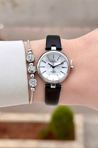 Ferrucci Kasası Silver Kordonu Siyah Renk 24 Ay Garantili 25 Mm Kadın Kol Saa...