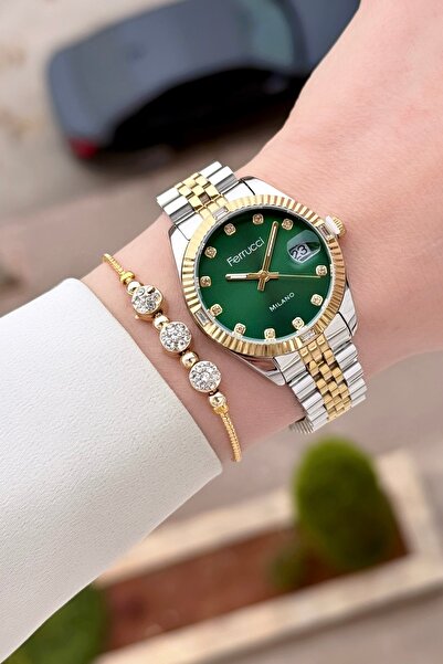 Ferrucci 32mm Women's Wristwatch with Green Dial Gold Gray Color Adjustable S...