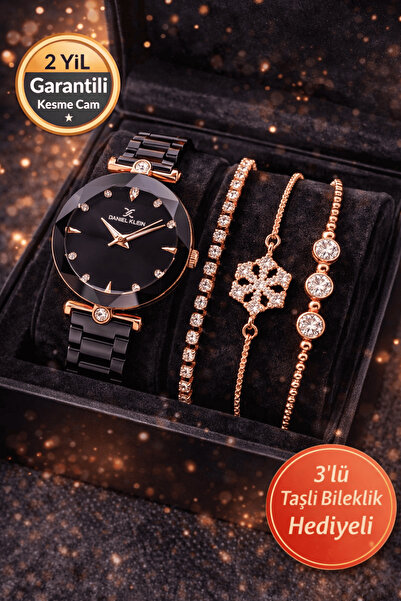 Daniel Klein Marka Orijinal Rose Siyah Renk 2 Yıl Garantili Kesme Cam Kadın Kol Saati - Bileklik Seti Hediyeli