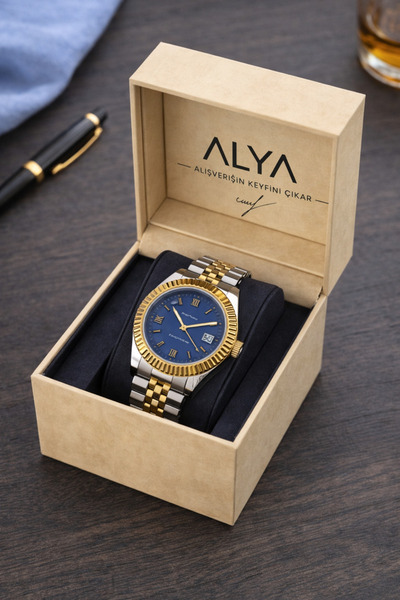 ALYA "Erkek İki Tonlu Mavi Kadranlı Lüks Kol Saati"