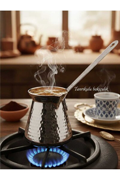 Tanrıkulu Bakırcılık إبريق قهوة نحاسي لشخصين مصنوع يدويًا من الفضة العادية