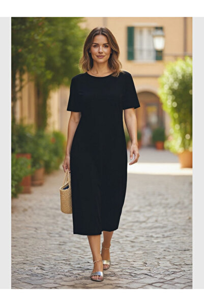 MODA Women's Crew Neck Short Sleeve 2 Side Slit Flowy Modal Blend Fabric Midi...