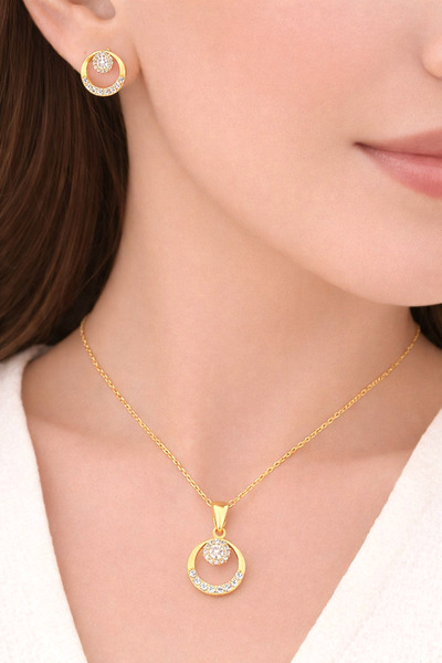 Siset Gümüş 925 Ayar Sarı Altın Kaplama Zirkon Taşlı Yuvarlak  İkili Gümüş Set