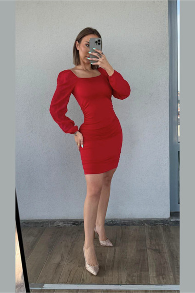 Fav Style Kadın Kare Yaka Uzun Kol Yanları Büzgülü Kısa Elbise Kırmızı