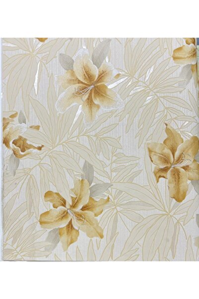 Genel Markalar Sarı Açık Renk Yapraklı Turuncu Çiçekli Duvar Kağıdı 669527