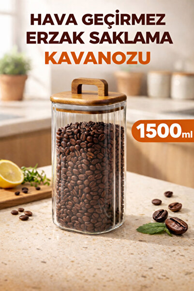 MİEN Akasya Kapaklı Cam Kavanoz 1500 ML –Büyük Boy Kahve, Bakliyat&Kuruyemiş Saklama Kabı–