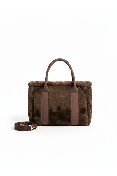 AngelBags Geantă maro pentru femei, cu curea coloană, din pluș, cu blană