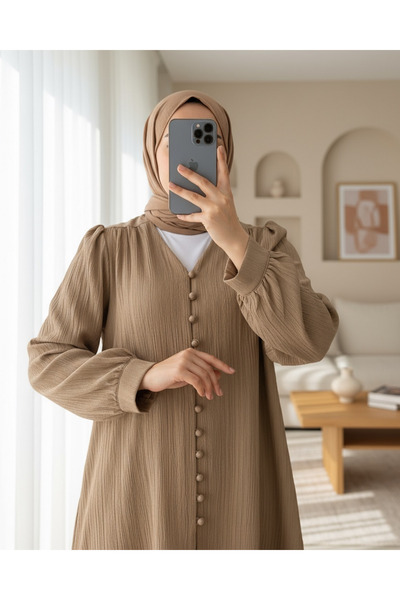 HİJABAYA Top Düğmeli V Yaka Krinkıl Gömlek