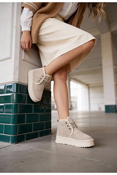 LUNA SHOES Γυναικείες μπότες casual με κορδόνια με χοντρή σόλα από κρεμ σουέντ