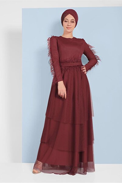 TRENDTESETTÜR KADIN BORDO TÜYLÜ BONCUK İŞLEMELİ ABİYE ELBİSE T 0810