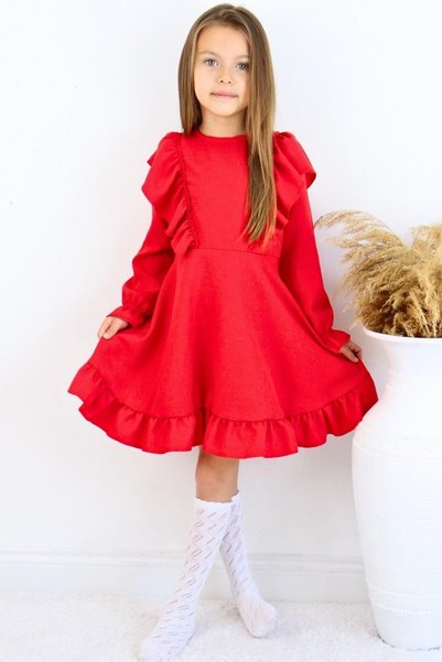Parla Kids Girl's Catherine Red Bow Ruffle Long Sleeve Linen Dress April 23 October 29 Show Outfit