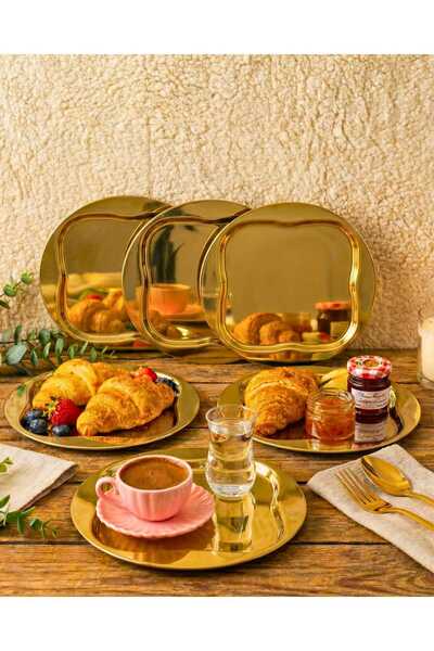 BİMOTE طقم من 6 صواني تقديم ذهبية من الفولاذ المقاوم للصدأ مقاس 23 سم، مستديرة ومربعة للشاي والقهوة والحلويات، صينية تقديم زخرفية