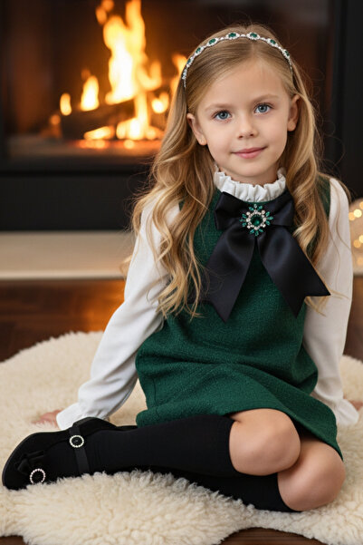 Parla Kids Rochie de Crăciun cu mânecă lungă din tweed cu broșă Vanessa verde smarald pentru fete