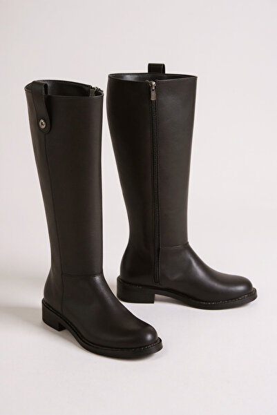 muhhu moda Cizme zilnice cu talpă plată din piele neagră, model complet