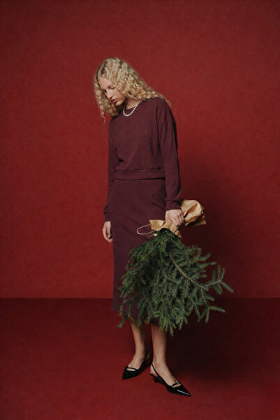 Wear Three Points Flow - Fitilli Modal Kumaş Comfort Fit Basic Bisiklet Yaka Bordo Sweatshirt