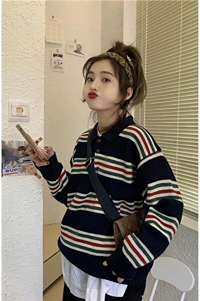 De Pose Çizgili Renkli Trend Düğme Detaylı Polo Yaka Kadın Kazak