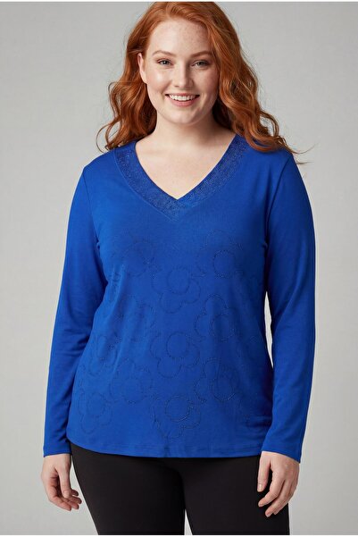 Ebsumu بلوزة زرقاء مطبوعة بحجر مزين بالزهور مقاس كبير للنساء