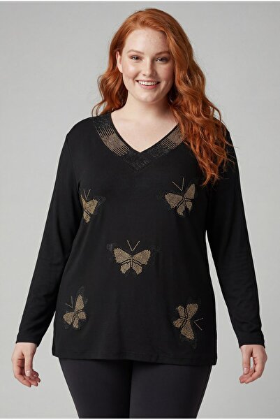 Ebsumu Kadın Büyük Beden Kelebek Gold Taş Baskılı Bluz
