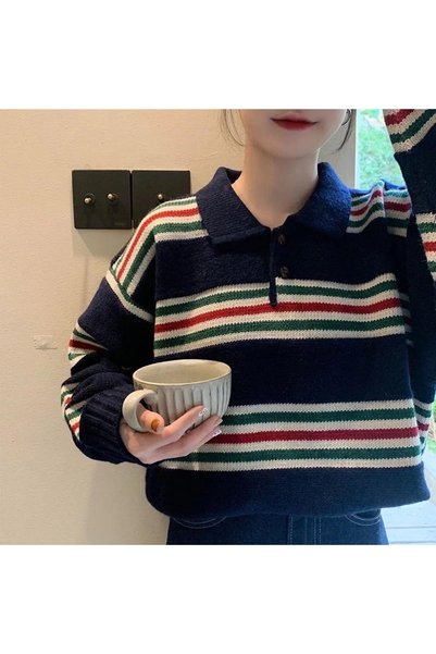 De Pose Çizgili Renkli Trend Düğme Detaylı Polo Yaka Kadın Kazak