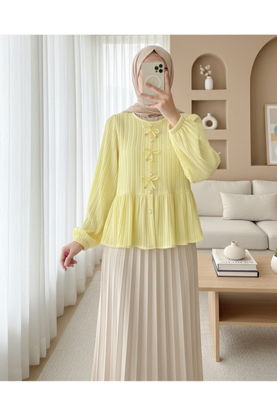 Modamorfo بلوزة بأزرار وأكمام مطاطية مع تفاصيل فيونكة في الأمام - أصفر فاتح