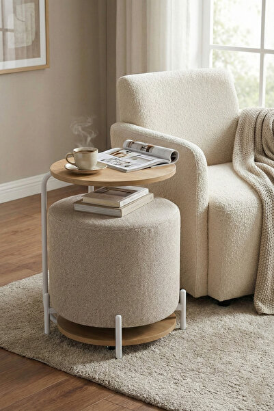 VİLİNZE Çok Amaçlı Metal C Sehpa Teddy Puf Seti