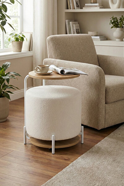 VİLİNZE Çok Amaçlı Metal C Sehpa Teddy Puf Seti