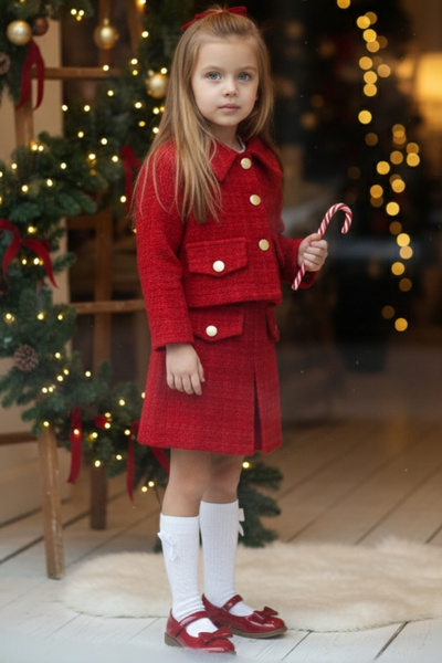 Parla Kids Kız Çocuk Kırmızı Carmen Tüvit 23 Nisan Etek Ceket Yılbaşı Takım
