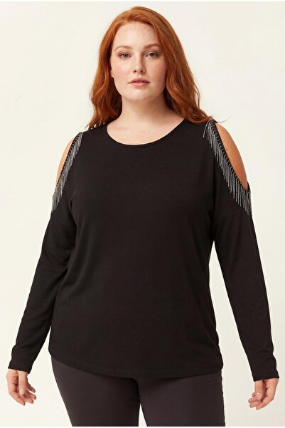 Ebsumu Women's Large Size Black Blouse with Low Shoulder and Tassel Detail