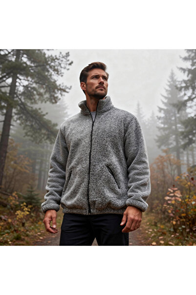 Shine Stone سترة ياقة مرتفعة متوسطة الطول من القطيفة باللون الرمادي والأسود