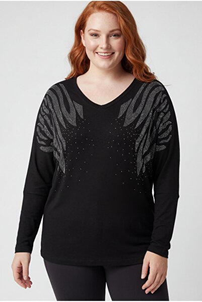 Ebsumu Γυναικεία μπλούζα με μαύρο σχέδιο με πέτρα με μανίκια με μπαλέτο