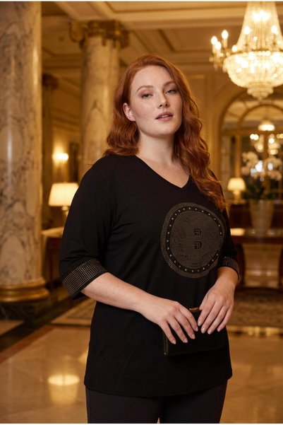 Ebsumu Women's Plus Size Black Blouse with Front and Sleeve Stone Print