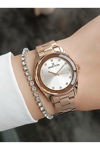 Daniel Klein Yeni Model Kesme Camlı Çelik Bilezik Rose Gold Kadın Kol Saati + Zirkon Taşlı Bileklik