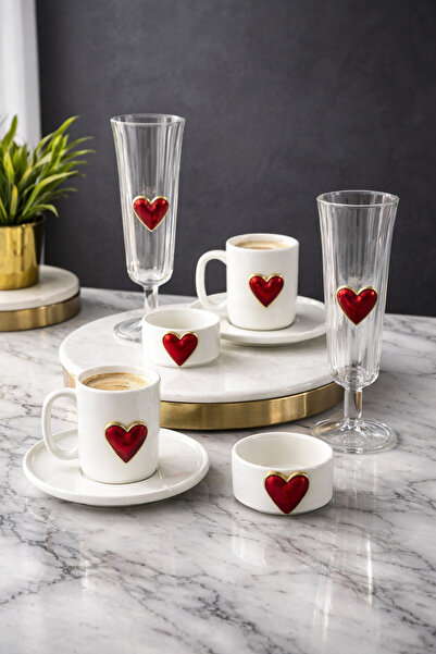 YzHome طقم أكواب قلب بورسلين لشخصين و2 وعاء بورسلين على شكل قلب تركي و2 كوب زجاجي