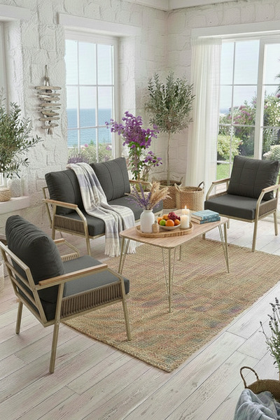 UFUK HOME Daisy Makrome Örgülü 211 Masalı Antrasit Balkon & Bahçe Mobilyası Seti Balkon Takımı