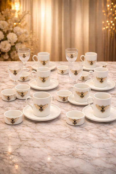 YzHome 6 Kişilik Porselen Arı Fincan Takımı Seti ve 6 Adet Porselen Arı Lokumluk ve 6 Adet Cam Bardak